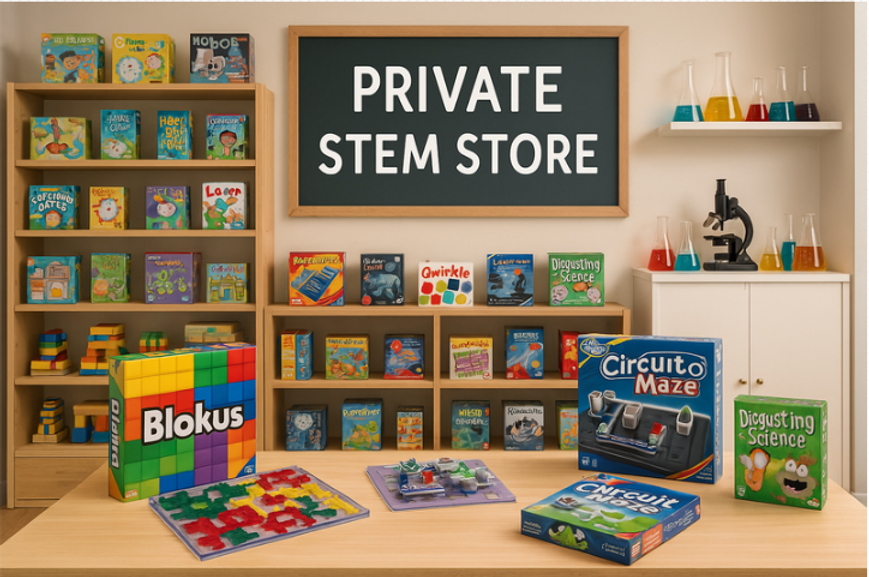 A banner collage featuring STEM kits, hands-on science experiments, educational games, and learning tools for homeschool and classroom use.