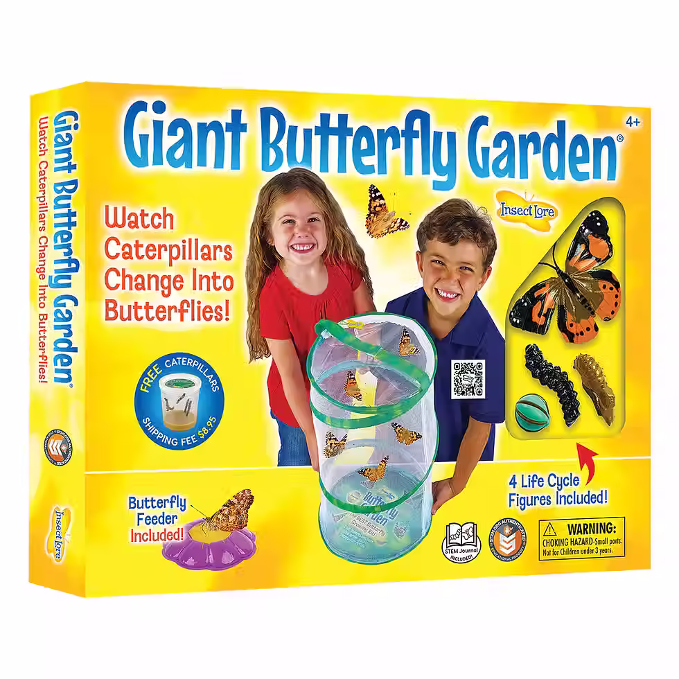 Insect Lore Giant Butterfly Garden box showing children with butterflies and mesh habitat.