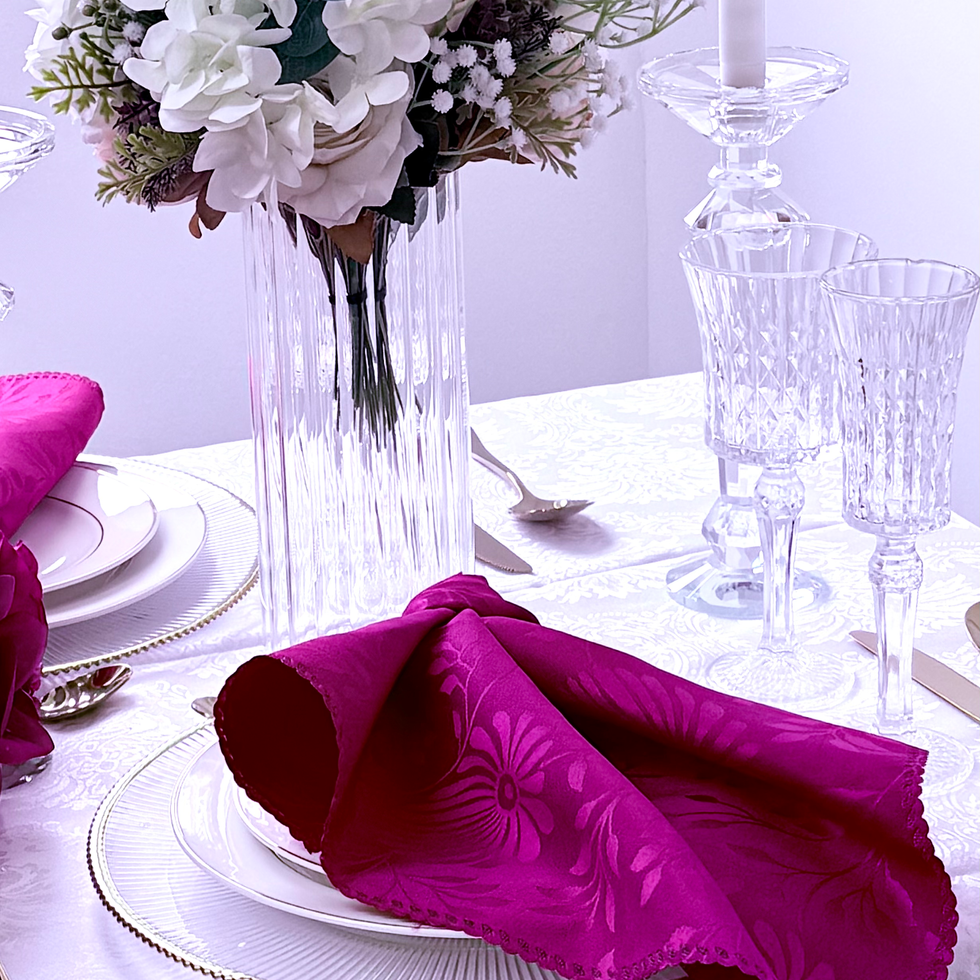 Elegant table setting with vibrant pink napkin, Modern Crystal Stemware Wine Glass( set of 48). Admire's Furnishings
