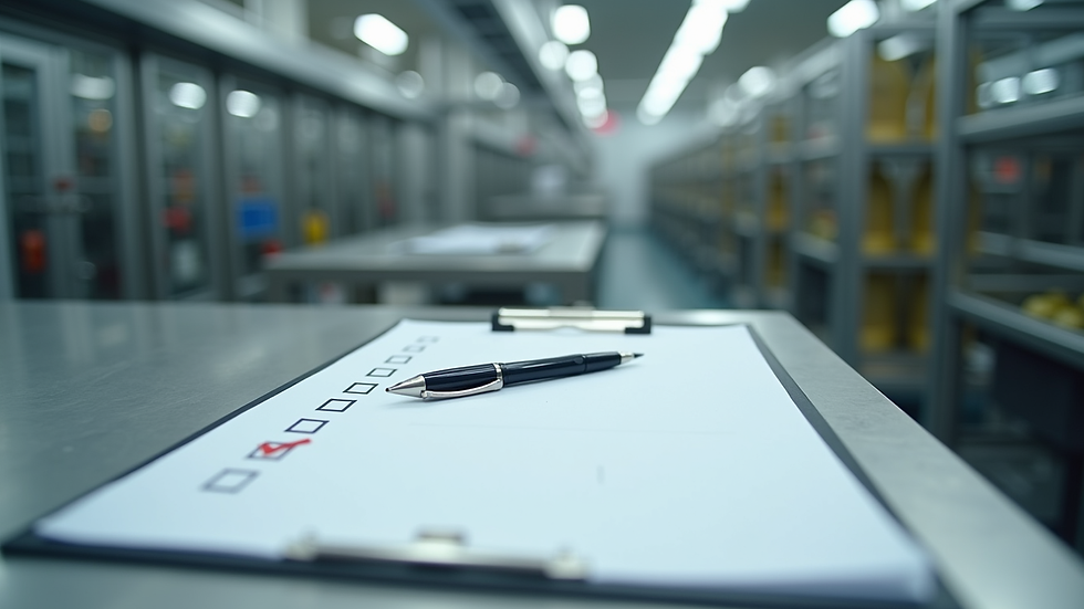Close-up view of a checklist and pen on a clipboard in a food factory
