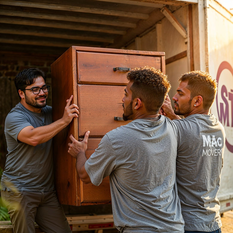 High-resolution photo depicting three movers, diverse in ethnicity, with determined expres