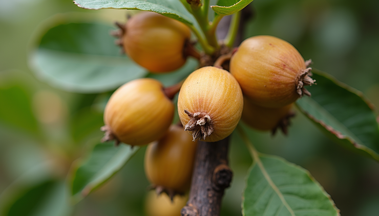 Close-up view of mature macadamia nuts on tree branches in Indian farm