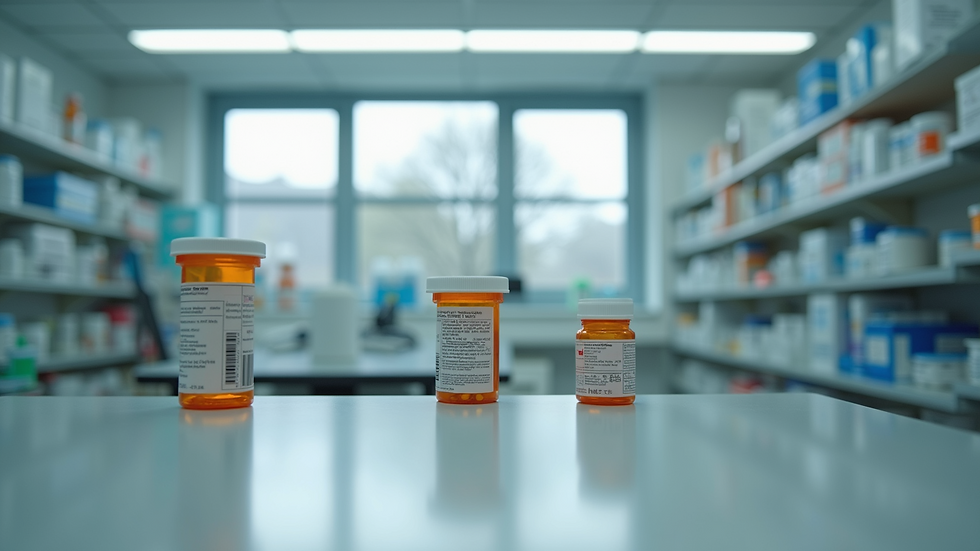 Eye-level view of a pharmacy counter with organized medication bottles