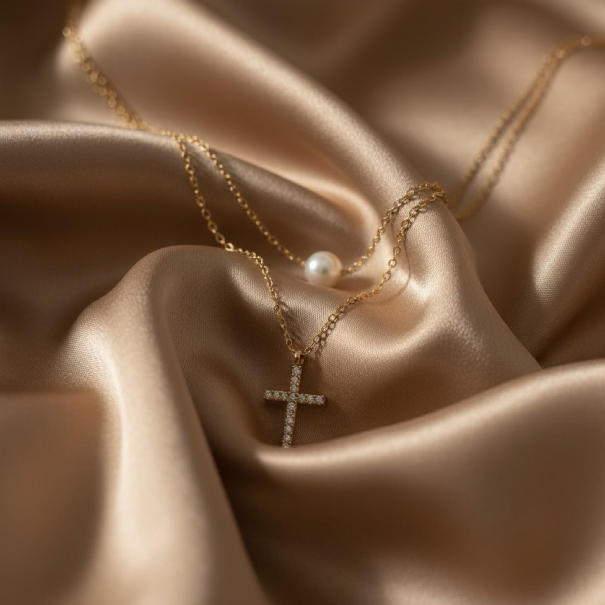 Amora- Ατσάλινο Διπλό Κολιέ με Σταυρό & Πέρλα