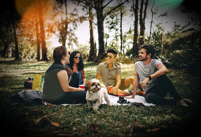 Group of people sitting on a blanket in a park and smiling.