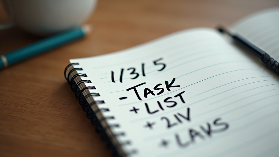High angle view of a handwritten 1/3/5 task list on a notebook