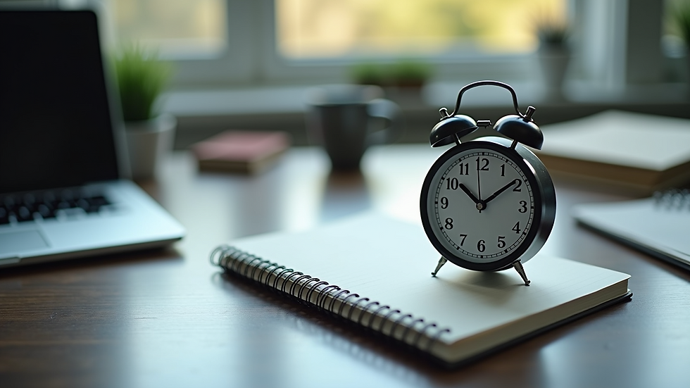 High angle view of a timer and notebook on a desk, illustrating time management