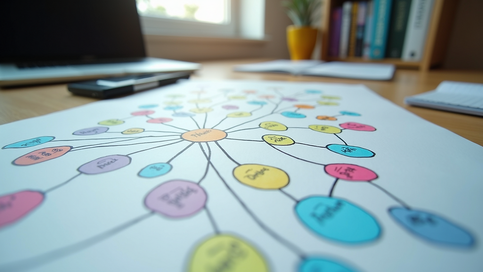 Eye-level view of a colorful mind map on a desk