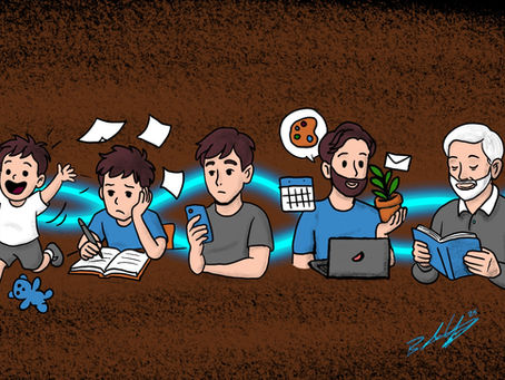 Illustration showing stages of life: child playing, student studying, adult using phone, man working, and elderly man reading. Brown background.