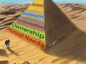 A cartoon character in a desert stares at a pyramid labeled with colorful tiers: Physical Needs, Ownership, We, Esteem, Realization.