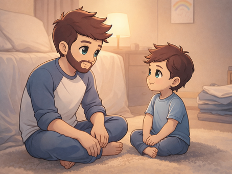 Man and child sit cross-legged on a cozy rug, smiling at each other in a warmly lit room. A rainbow drawing is on the wall.