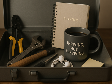 Tools, a planner, earbuds, and a mug with "THRIVING, NOT SURVIVING" text are in a suitcase on a wooden table. Neutral colors.