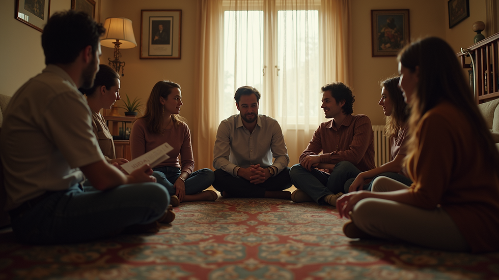Eye-level view of a cozy room with a small group sitting in a circle sharing stories