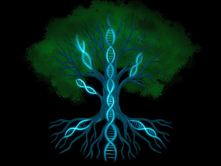 Glowing DNA strands form a tree with vibrant green leaves, set against a black background. Roots and branches intertwine with luminous patterns.