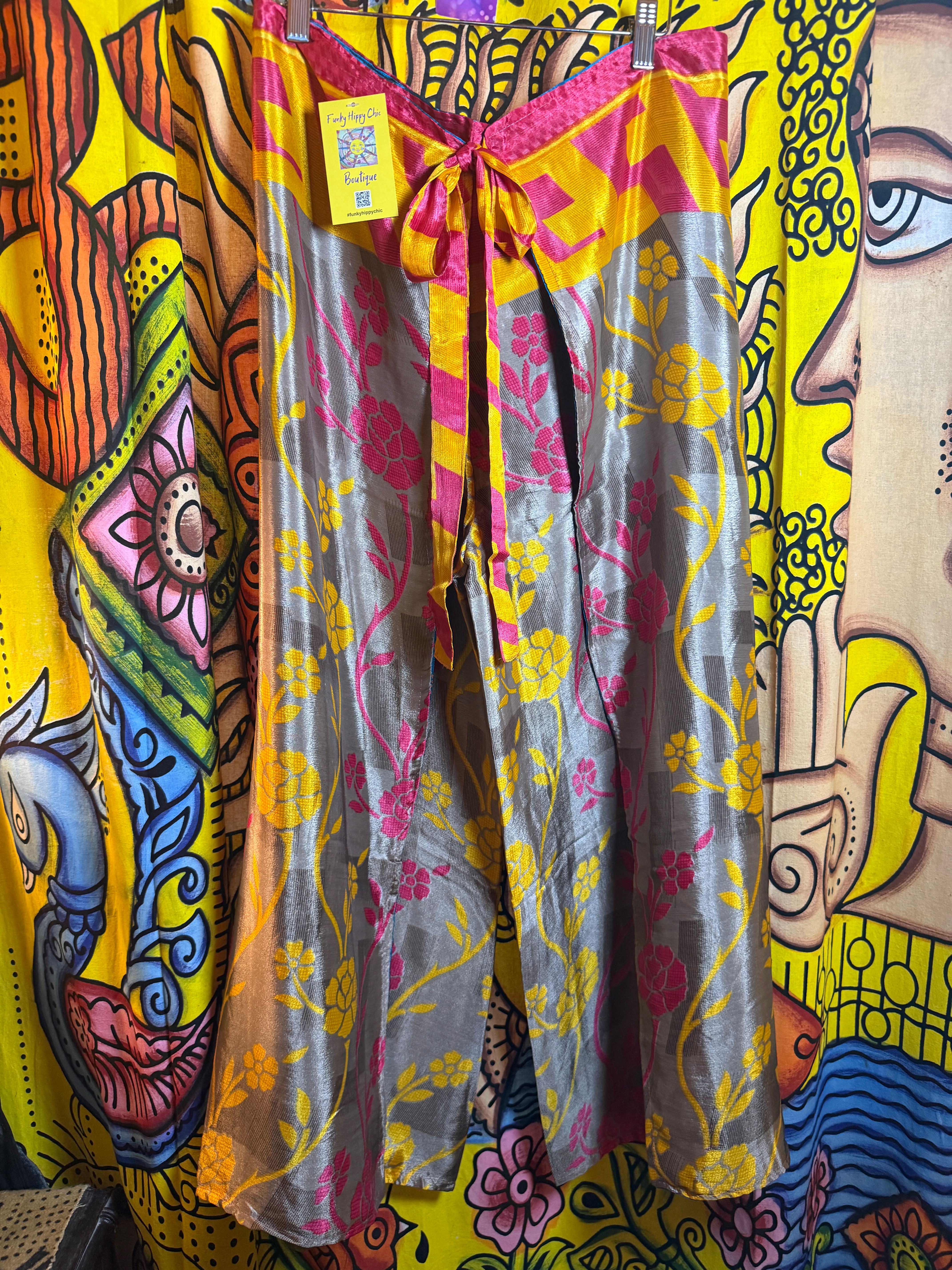 Twrap silk pants powder silver/yellow, Lt blue
