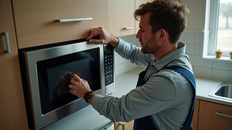 High angle view of a technician repairing a microwave in a home kitchen