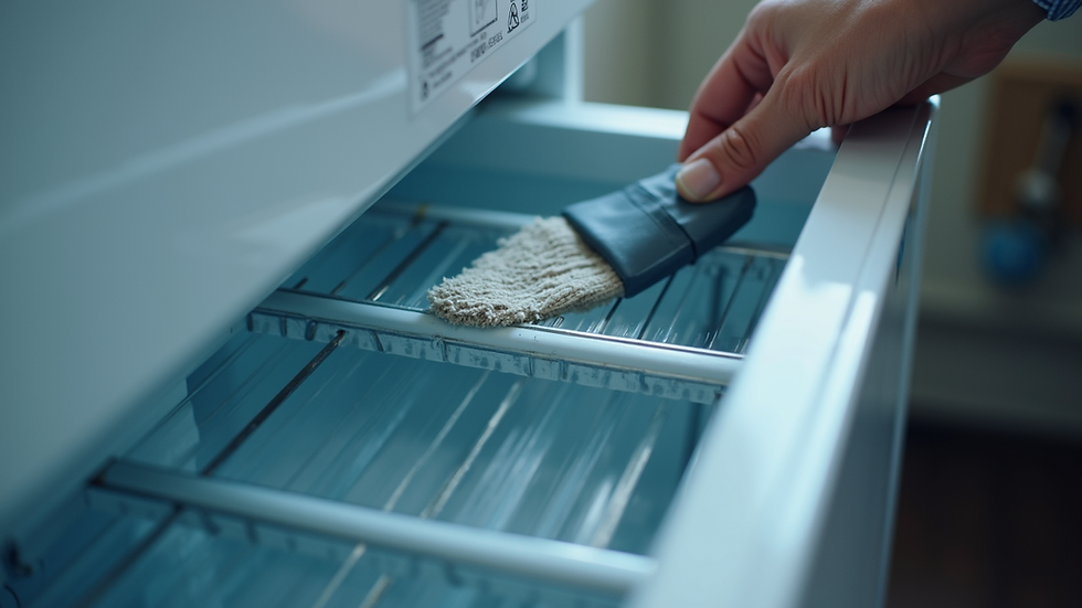 Close-up view of Samsung refrigerator condenser coils being cleaned