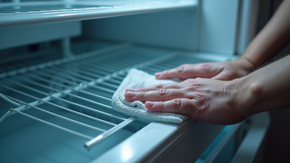 Close-up view of LG refrigerator condenser coils being cleaned