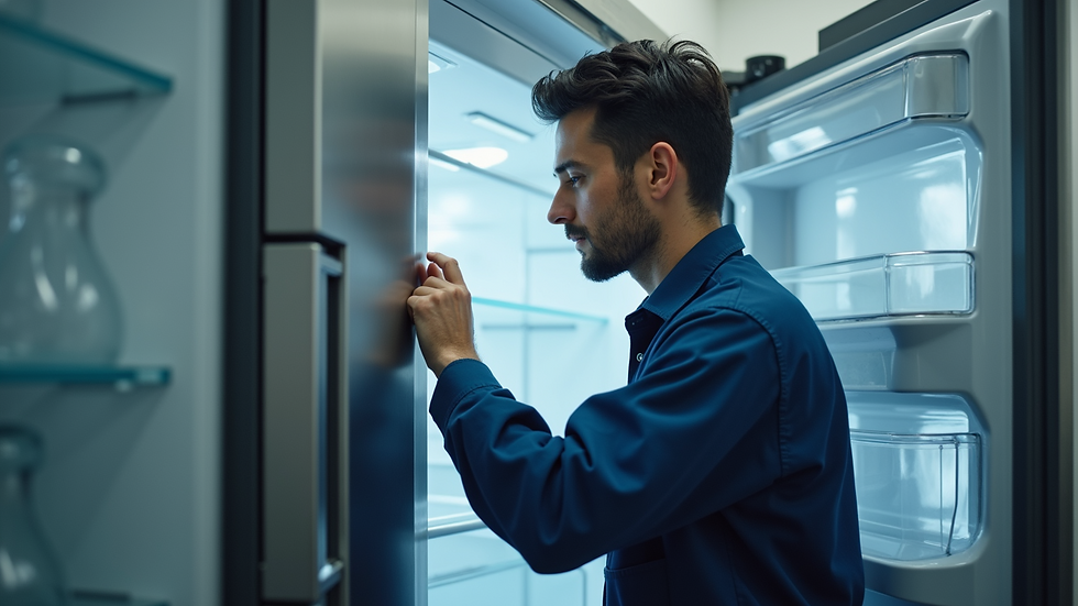Eye-level view of a technician inspecting a Samsung refrigerator door seal
