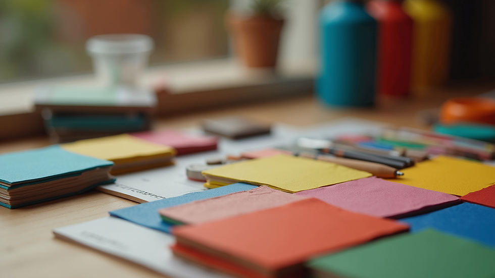 Close-up view of colorful crafting supplies on a wooden table