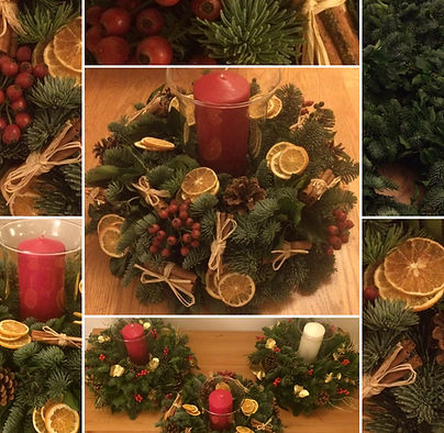 Festive Table Centre with Orange, Cinnamon, Pine Cones and Holly Berries with Candle