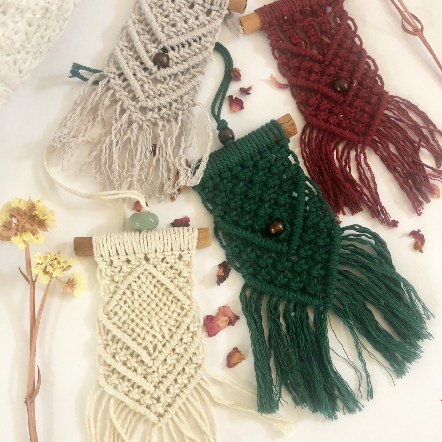 Macrame hanger for car mirror