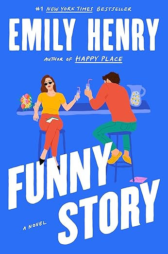 Cover of Funny Story by Emily Henry featuring a bright pastel illustration of a man and woman sitting back-to-back, evoking romantic tension and lighthearted summer vibes.
