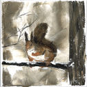 Painting of a squirrel in winter on a branch in the snow
