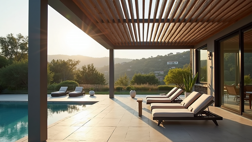 Eye-level view of a modern louvered roof structure over a patio
