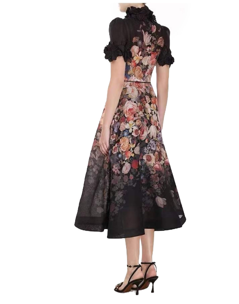 Thumbnail: Ruffled Neck Flora Short Sleeve Dress