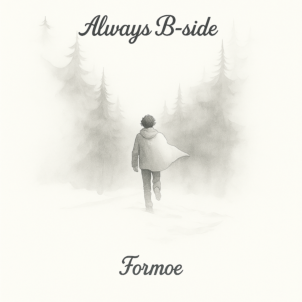 Silhouette of a person walking into a foggy forest. Text reads "Always B-side" and "Formoe." Moody, grayscale setting with tall trees. Formoe - The Cage, a music blog powered by Cage Riot