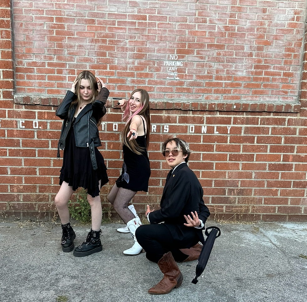 Three people pose playfully in front of a brick wall with "NO PARKING" sign. They're dressed in black, exuding a joyful mood. LED - The Cage, a music blog powered by Cage Riot