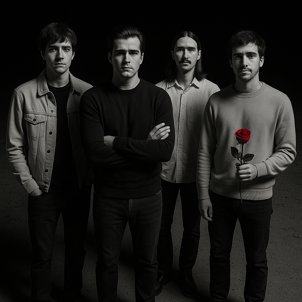 Four men stand in a dark setting, serious expressions. One holds a bright red rose, contrasting with their monochrome clothing. DayEyez - The Cage, a music blog powered by Cage Riot