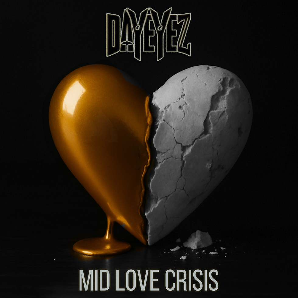 Golden heart melting, cracked on the right in black background. Text reads "DAYEYEZ" above and "MID LOVE CRISIS" below, somber mood. DayEyez - The Cage, a music blog powered by Cage Riot