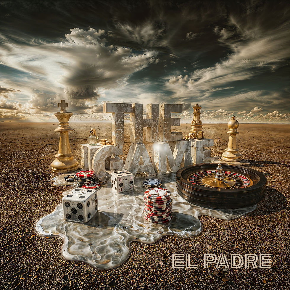 Chess pieces, dice, and poker chips on a desert surface with text "THE GAME" and "EL PADRE"; dramatic cloudy sky backdrop. EL PADRE - The Cage, a music blog powered by Cage Riot