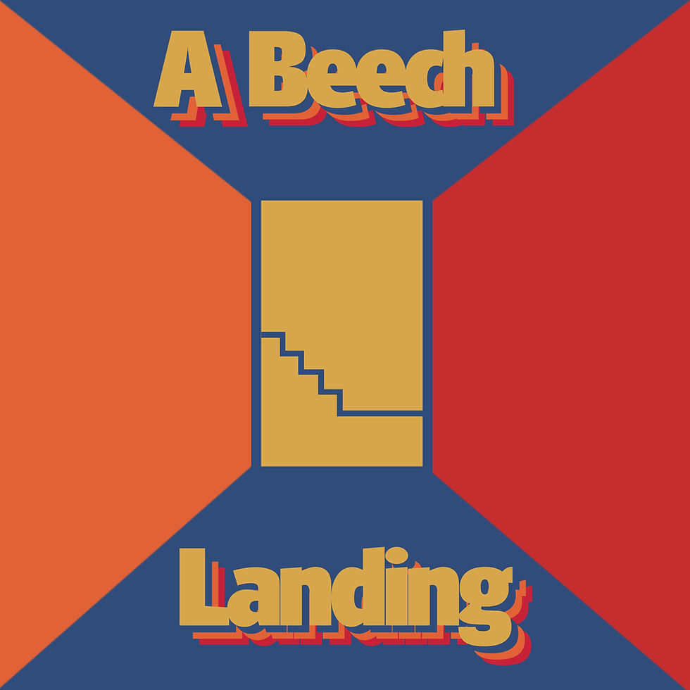 Bold text "A Beech Landing" in yellow with red shadow on blue background. Geometric shapes in orange, yellow, and red form an abstract design.