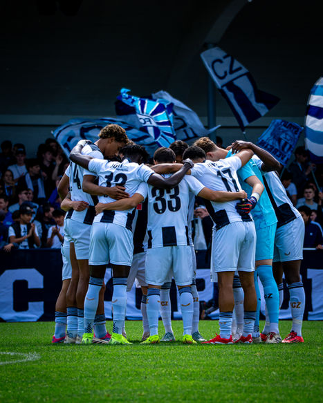 Teamfoto FC Zürich vor dem Spiel mit Choreo im Hintergrund