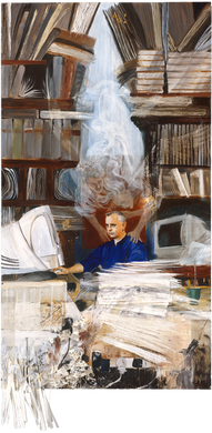 Annelies Clarke original painting for sale of a man behind an early computer with two angels breaking through the frame to kiss the man on his head