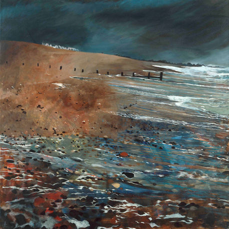 Annelies Clarke Oil on canvas painting of a view towards Millionaire’s Row from the beach at low tide