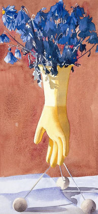 Annelies Clarke watercolour of fading blue flowers in a vase made of a rubber glove.
