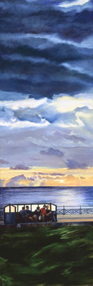 Annelies Clarke Oil on canvas of teenage boys chatting with behind them a spectacular sunset