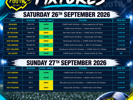 Fixtures: Saturday 26th & Sunday 27th September 2026