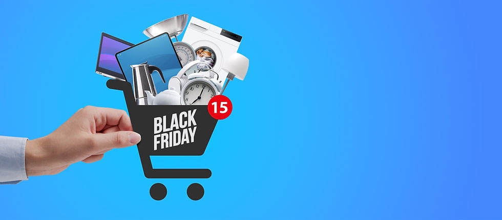 Hand holding shopping cart full of electronics and appliances on blue background. Text reads "Black Friday" with a red bubble showing 15.