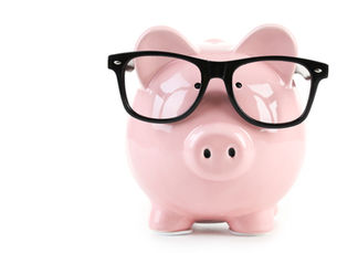 Pink piggy bank wearing black glasses on a white background, with a playful, quirky look.