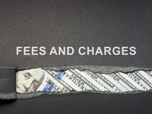 Torn paper reveals dollar bills beneath the words "FEES AND CHARGES" on a dark gray background, suggesting hidden financial costs.