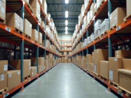 Eye-level view of a warehouse shelf stocked with consumer packaged goods