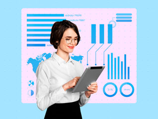 Woman in glasses using tablet, smiling. Background shows charts, graphs, and a map in blue on pink. Tech and data theme.