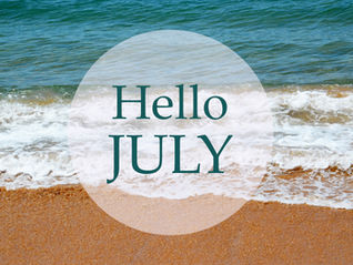 Beach waves roll onto sand with a pale circle overlay and teal text reading Hello JULY.