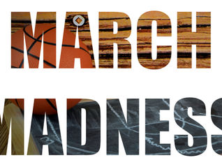 Text "MARCH MADNESS" with basketball texture in "MARCH" and chalkboard play diagrams in "MADNESS," conveying sports theme.