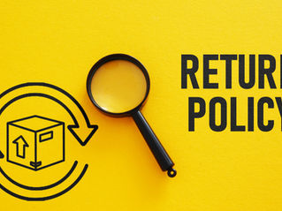 Magnifying glass over a box with arrows on yellow background, text "RETURN POLICY" beside it, symbolizing return guidelines.